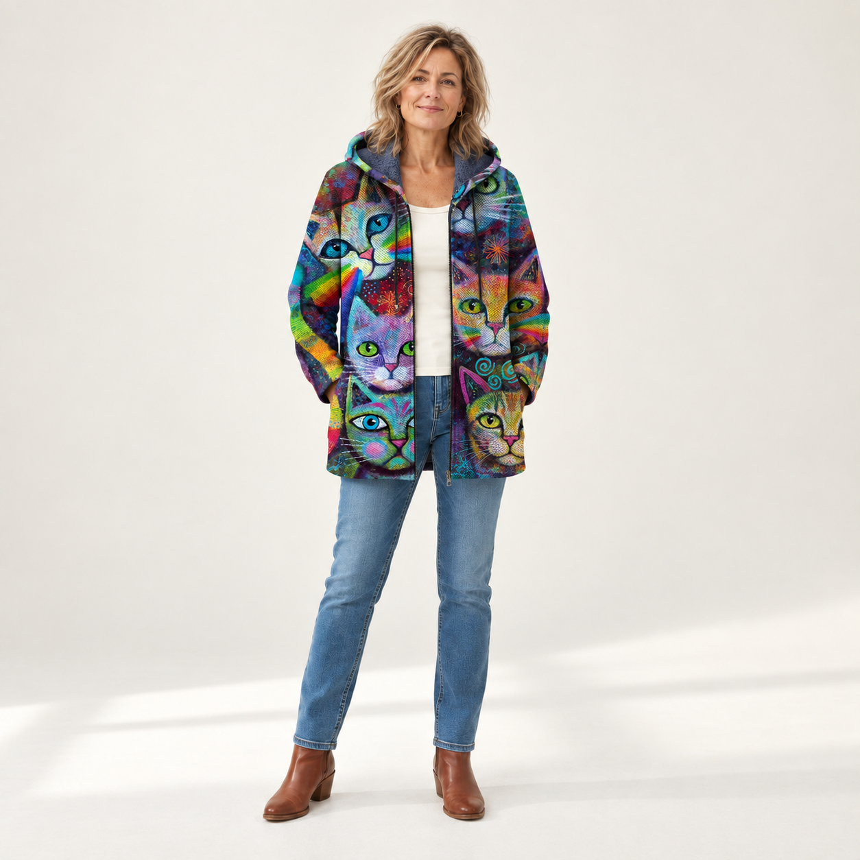 Ella - Hoodie met kat en regenboog - front view