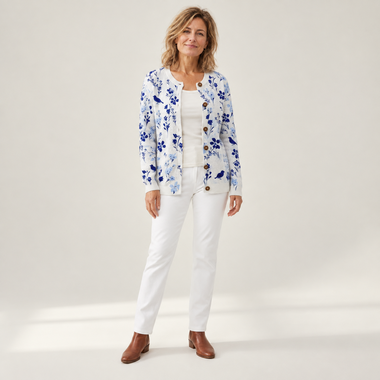 Birgit - Wit-blauw gebreid vest met bloemen & vogels - front view