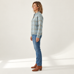 Clara - Hemelsblauw geblokt vest met knopen - side view