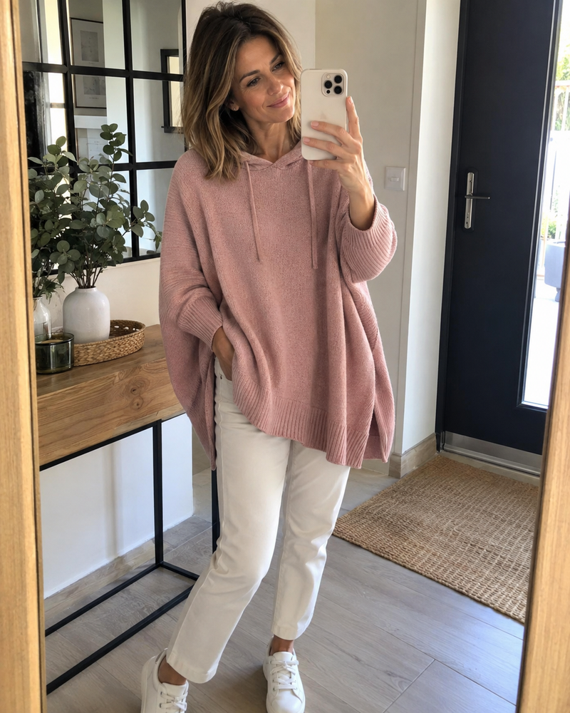 Gebreide poncho met capuchon in blauw