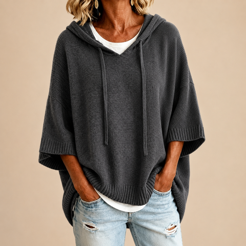 Gebreide poncho met capuchon in blauw