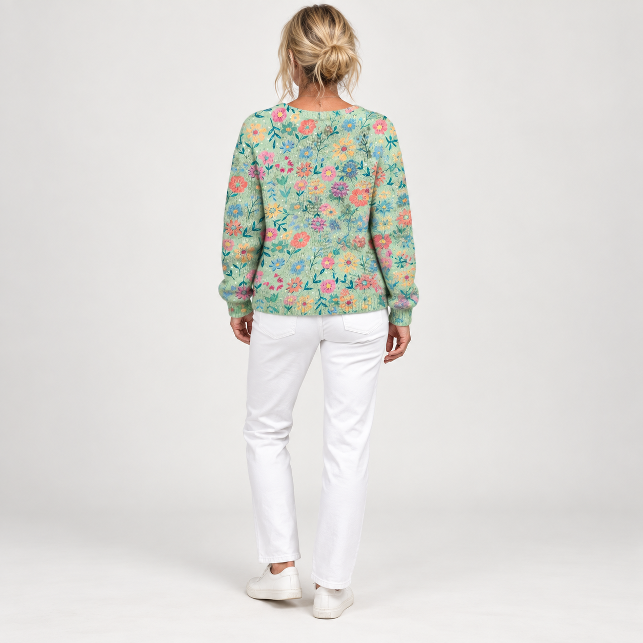 Claudia - Mintgroen vest met kleurrijke bloemen - achterkant