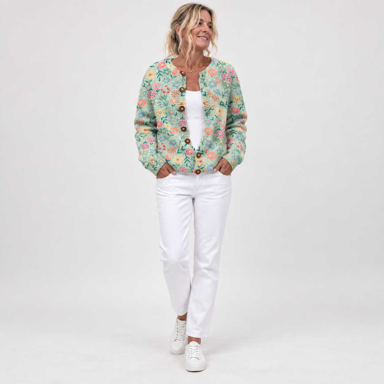 Claudia - Mintgroen vest met kleurrijke bloemen - voorkant