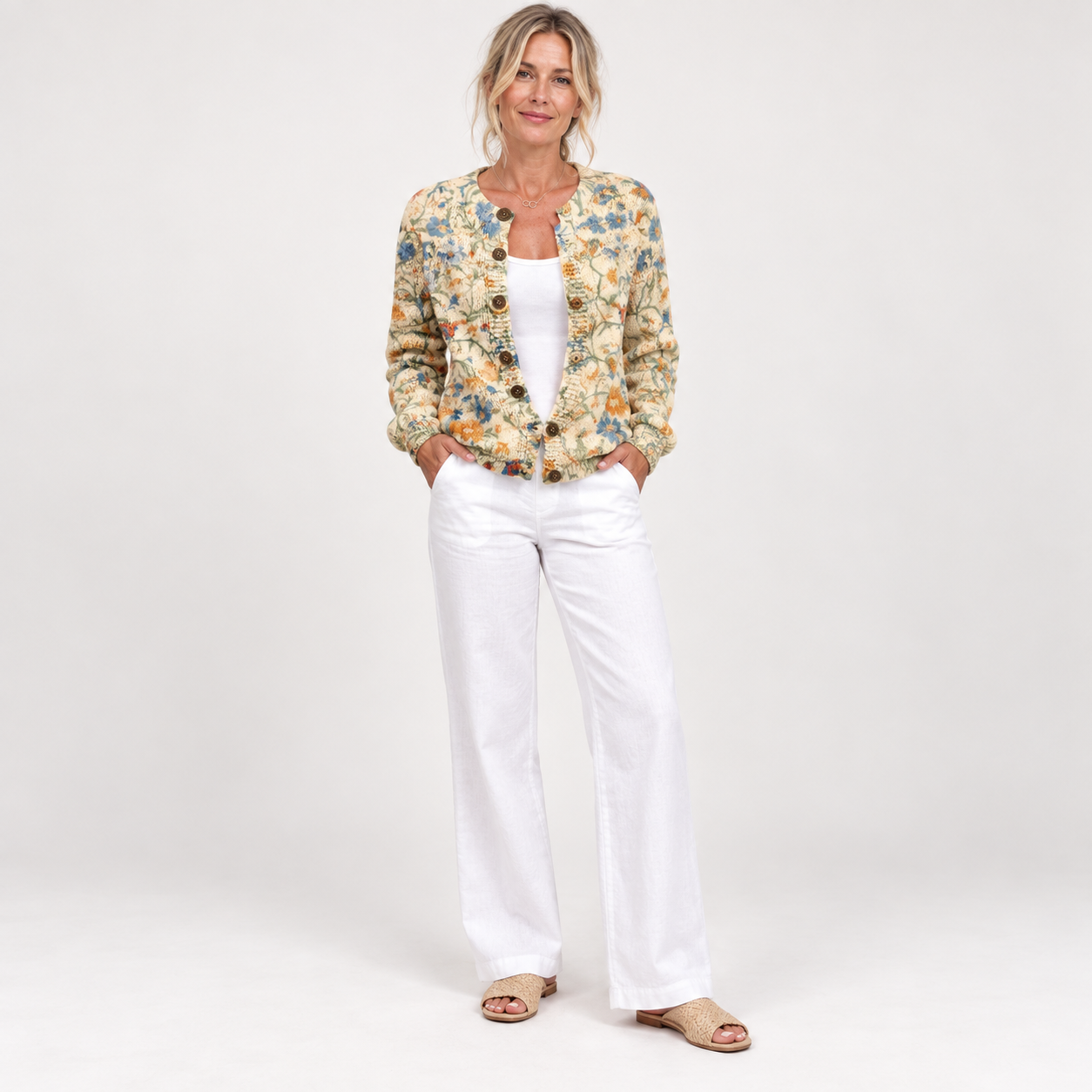 Cornelia - Crèmekleurig vest met bloemenpatroon - voorkant