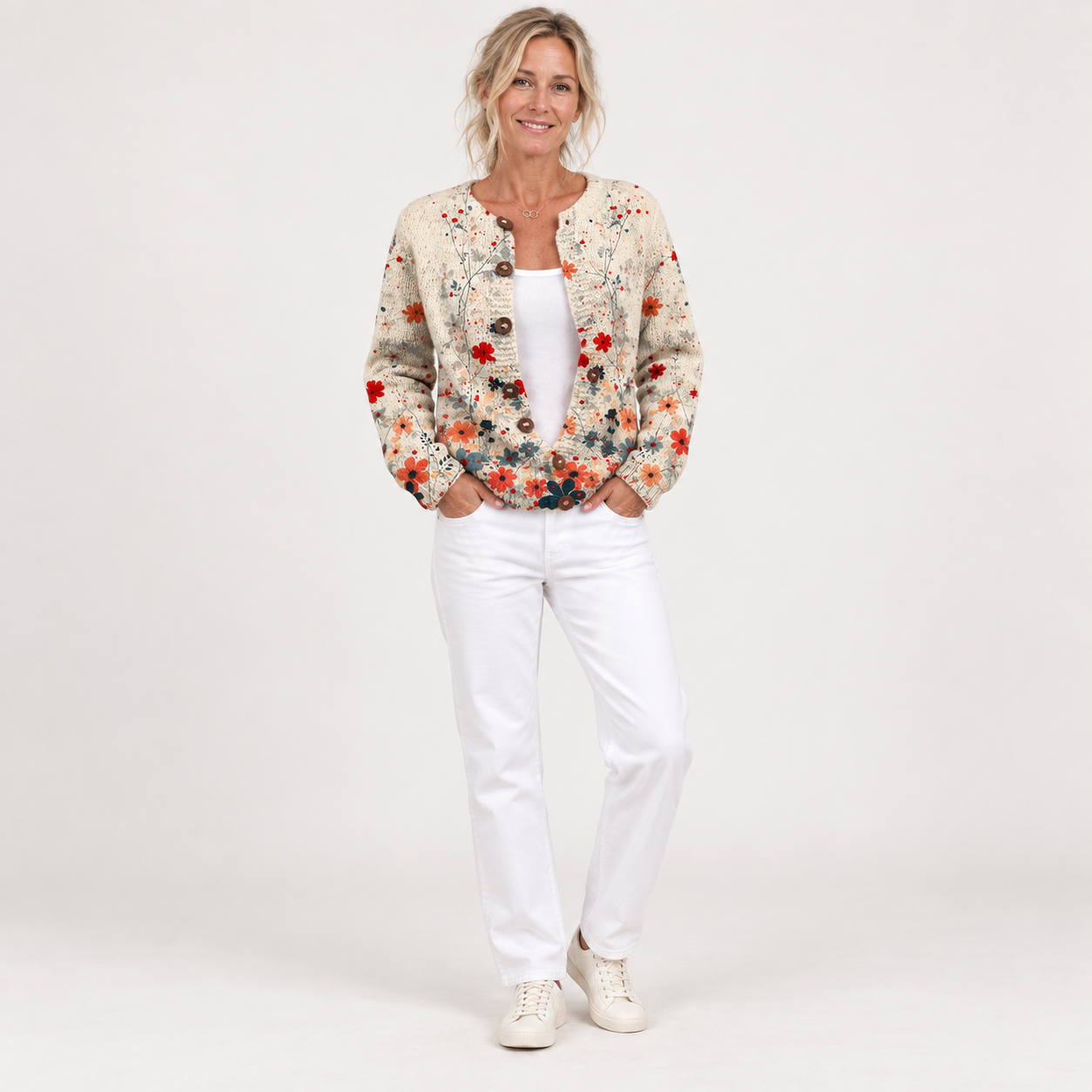 Sabrina - Crèmekleurig vest met bloemen - voorkant