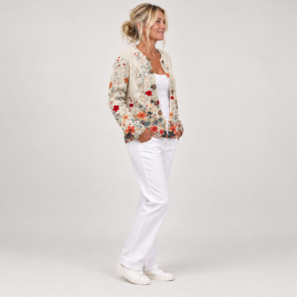 Sabrina - Crèmekleurig vest met bloemen - zijkant