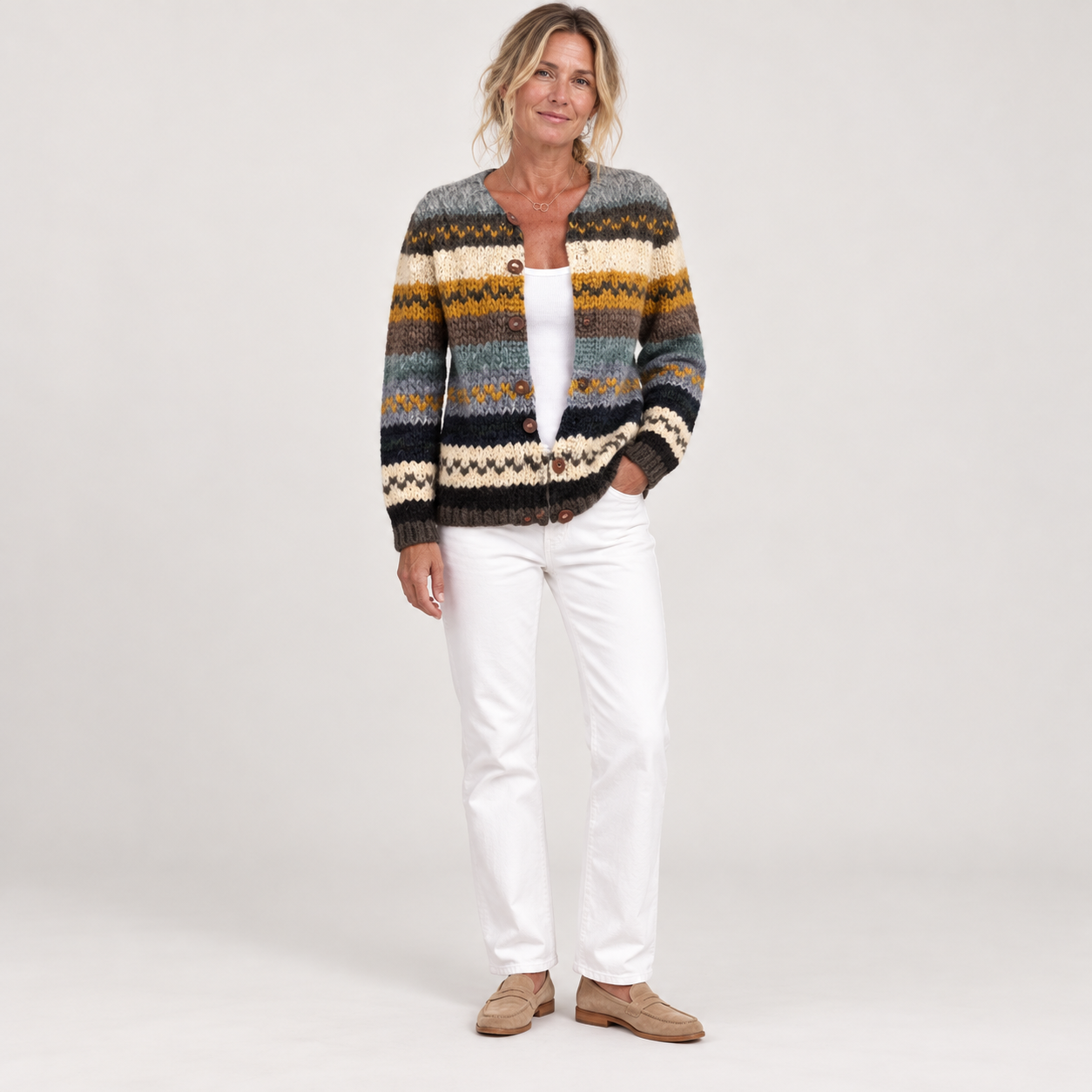 Ulrike - Vest met strepen in blauw & mosterdgeel - voorkant