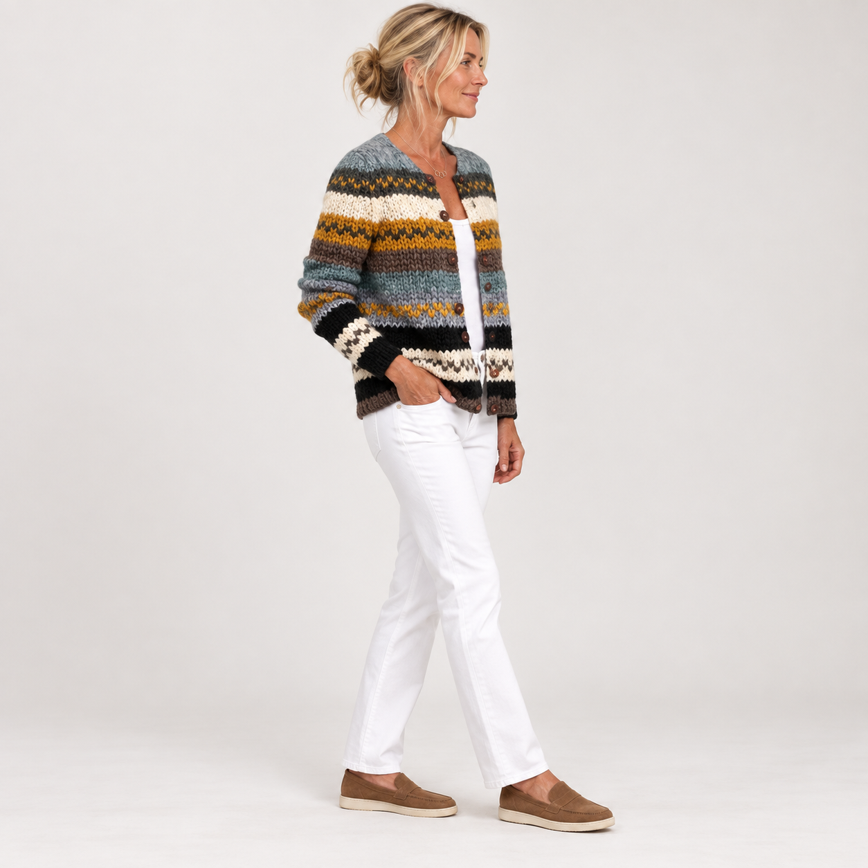 Ulrike - Vest met strepen in blauw & mosterdgeel - zijkant