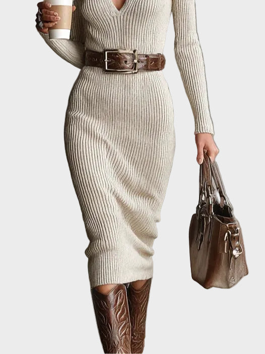 Aleida - Gebreide midi-jurk met ceintuur en col
