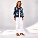 Gisela - Donkerblauw vest met sneeuwsterpatroon - voorkant