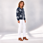 Gisela - Donkerblauw vest met sneeuwsterpatroon - zijkant