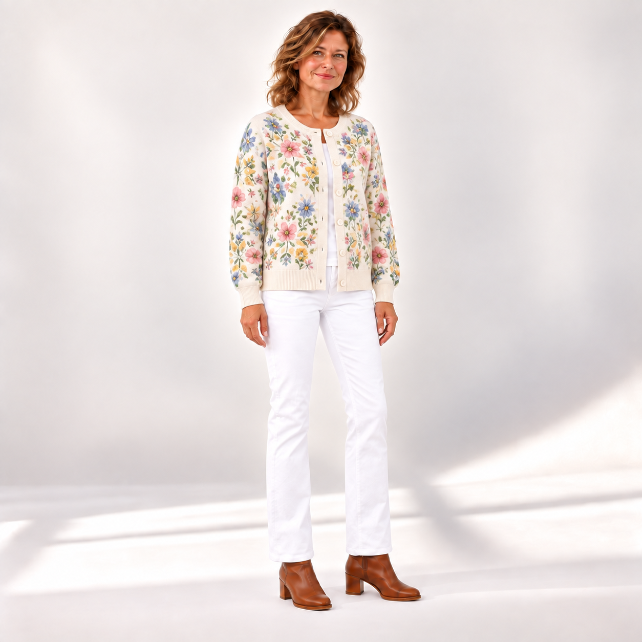 Greta - Vest met delicaat aquarel bloemenpatroon - voorkant