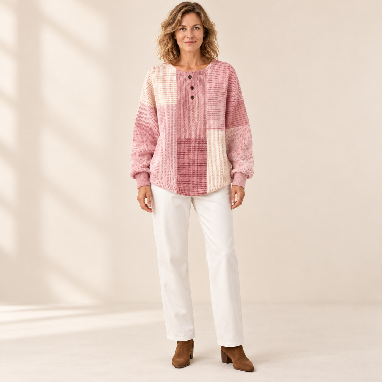 Hannelore - Roze vest met ruitpatroon - voorkant