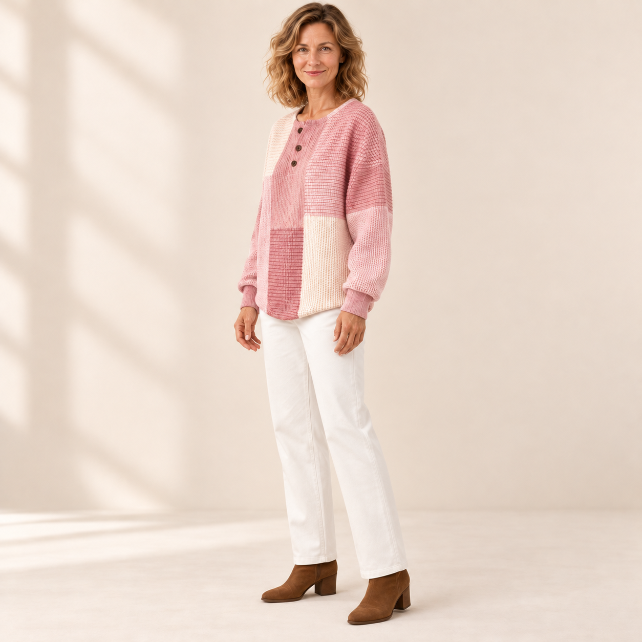 Hannelore - Roze vest met ruitpatroon - zijkant