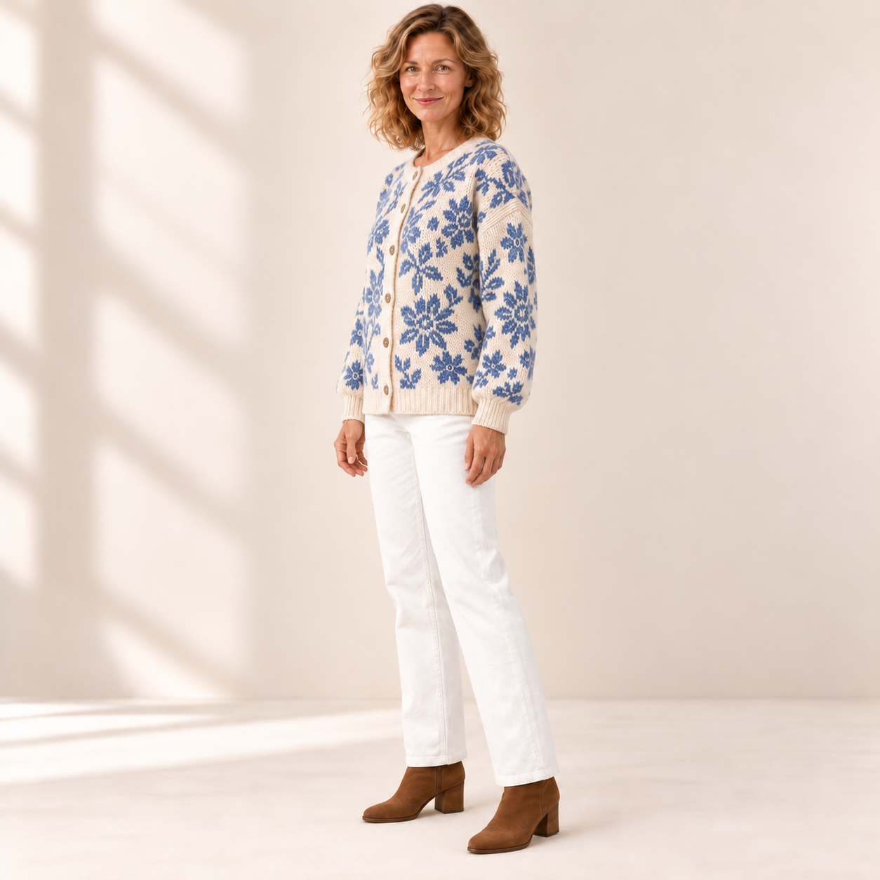 Heike - Crèmekleurig vest met blauwe bloemen - zijkant