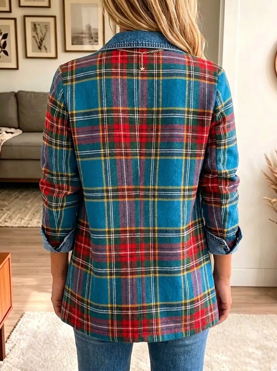 Madison – Denimblazer met tartanpatchwork
