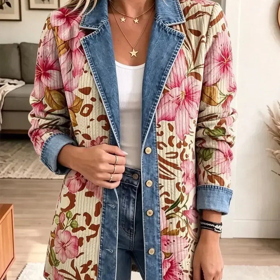 Paars – Retro denimjas met bloemen- en luipaardprint