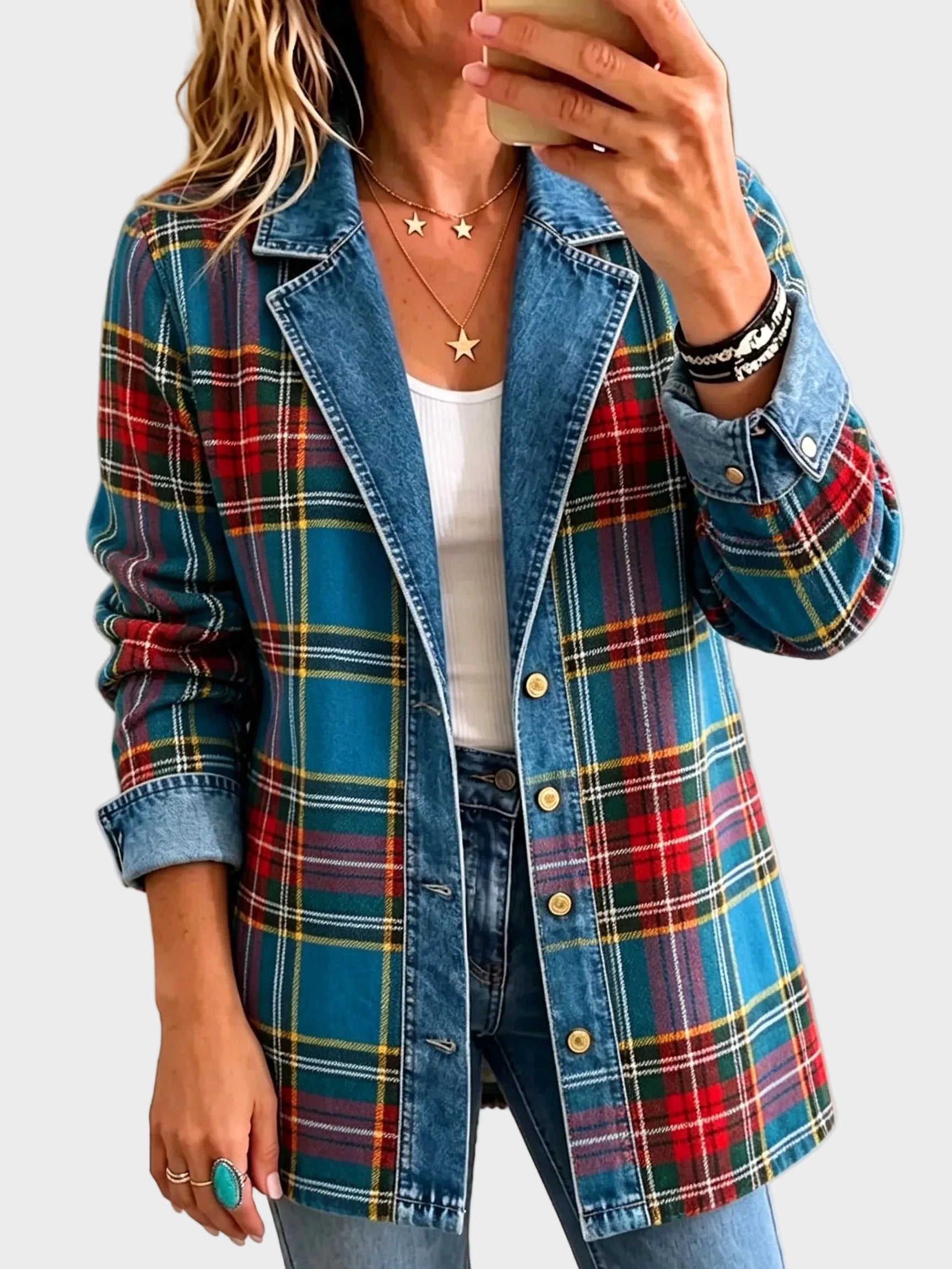Madison – Denimblazer met tartanpatchwork