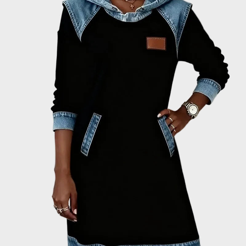 Jantien - Sweatjurk met capuchon in jeanslook