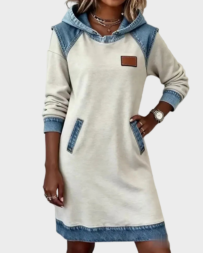 Jantien - Sweatjurk met capuchon in jeanslook