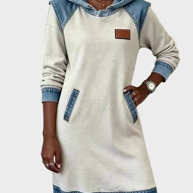Jantien - Sweatjurk met capuchon in jeanslook