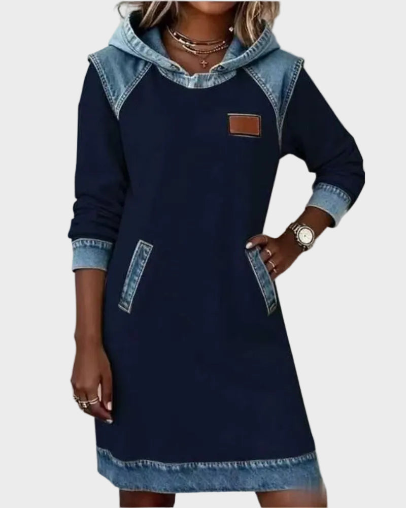 Jantien - Sweatjurk met capuchon in jeanslook