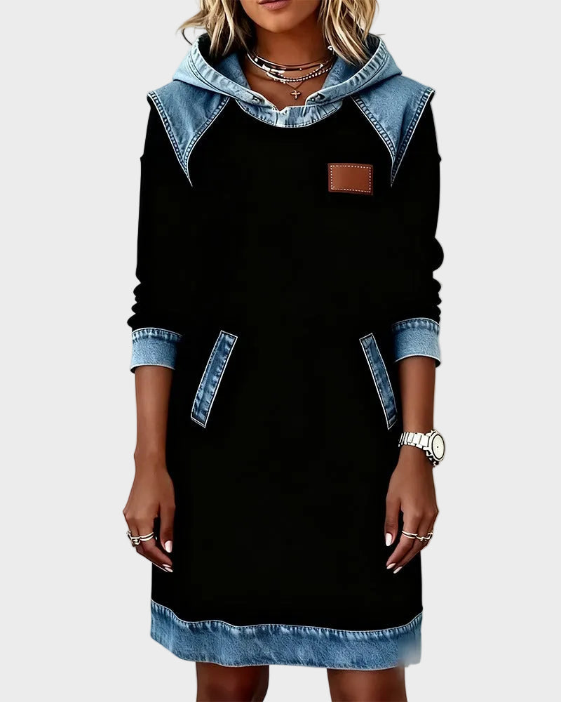 Jantien - Sweatjurk met capuchon in jeanslook