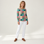Merel patchworktrui met model - vooraanzicht