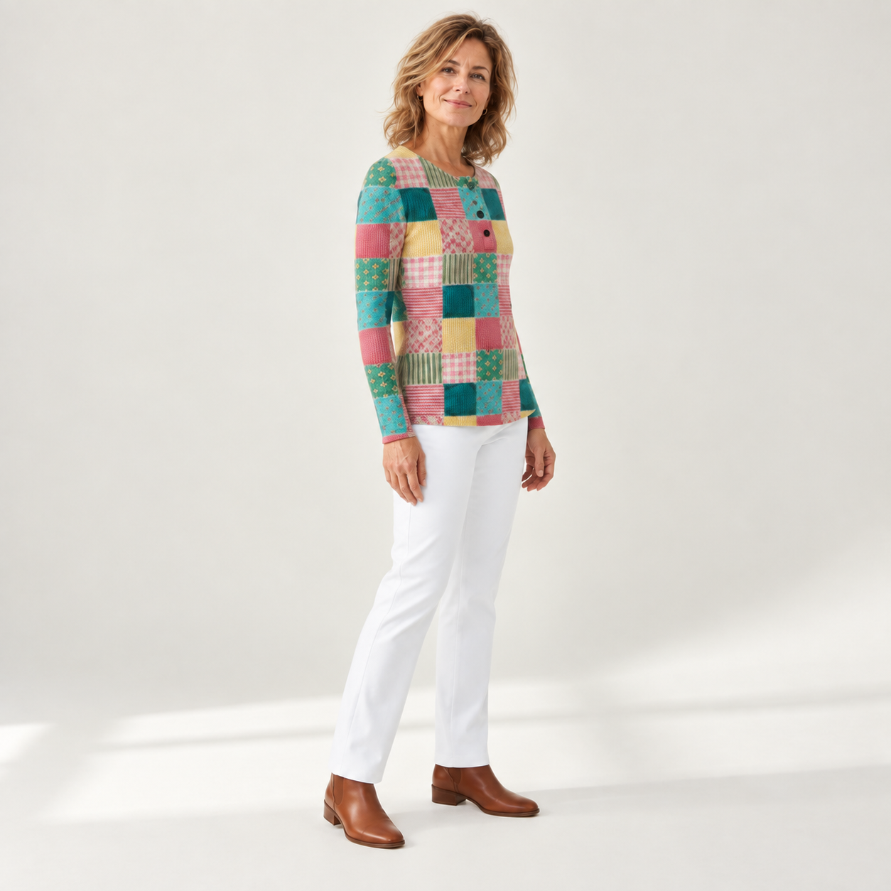 Merel patchworktrui met model - zijaanzicht