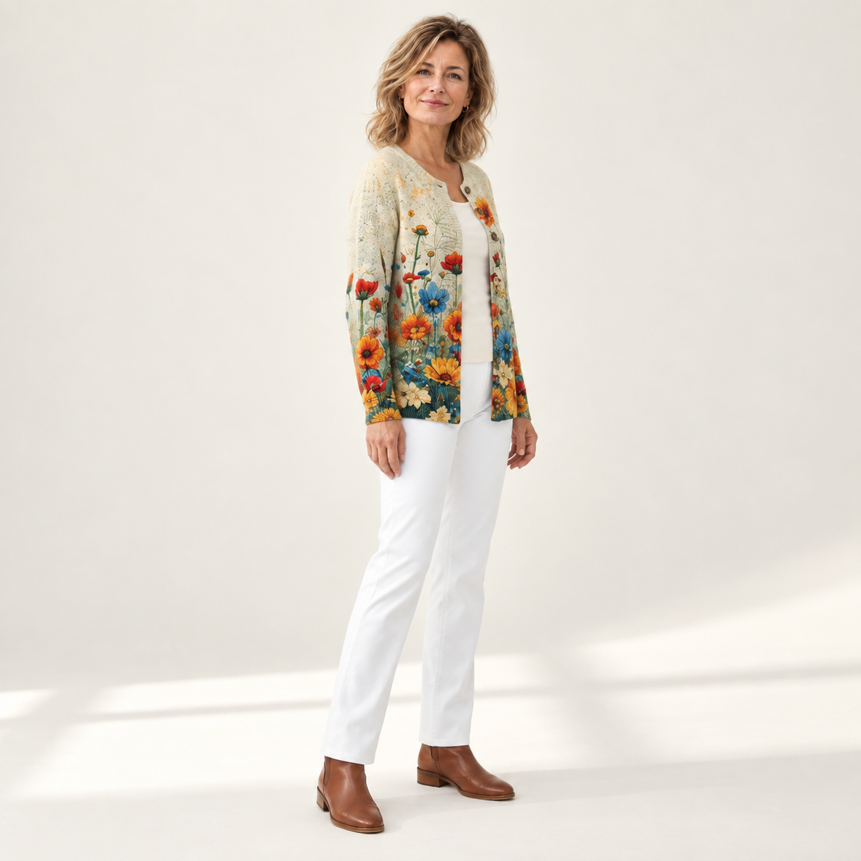 Monika - Crèmekleurig vest met kleine rozen - zijkant