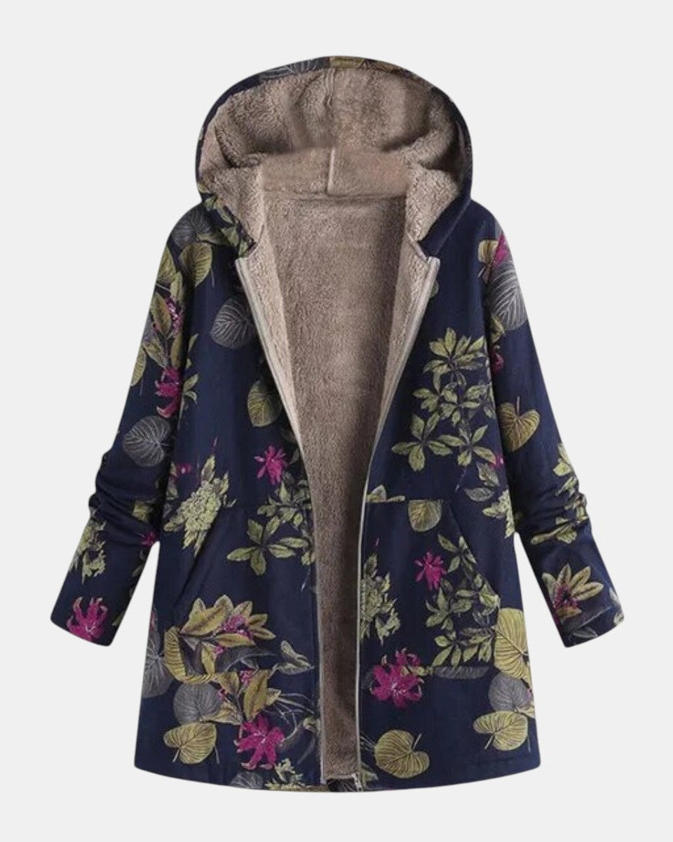 Aurora - Marineblauwe mantel met bloemenpatroon