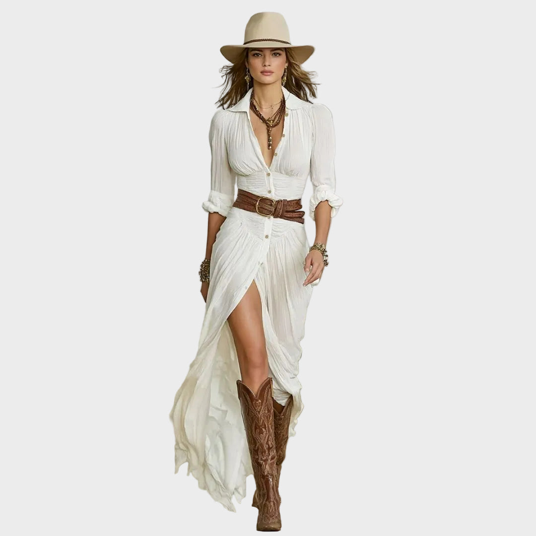 Baukje - Elegante maxi-jurk met schalkraag