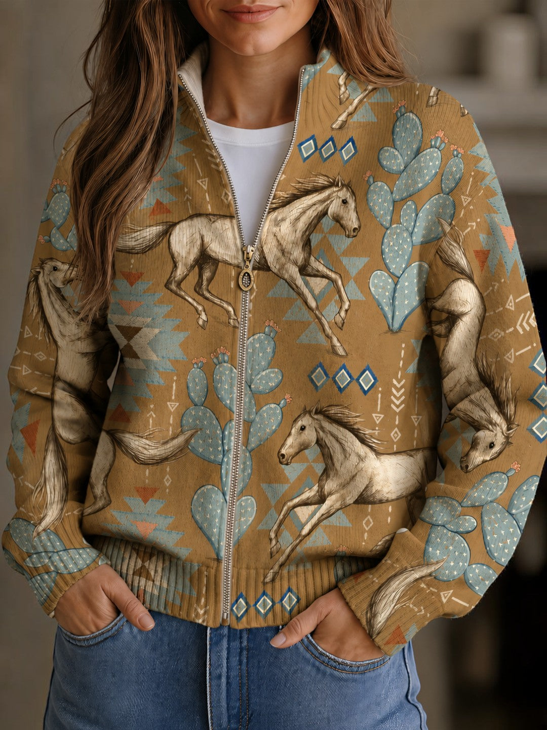 Brigitte - Gebreid vest met paarden- en cactusmotief