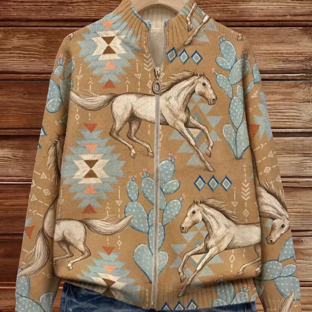 Brigitte - Gebreid vest met paarden- en cactusmotief