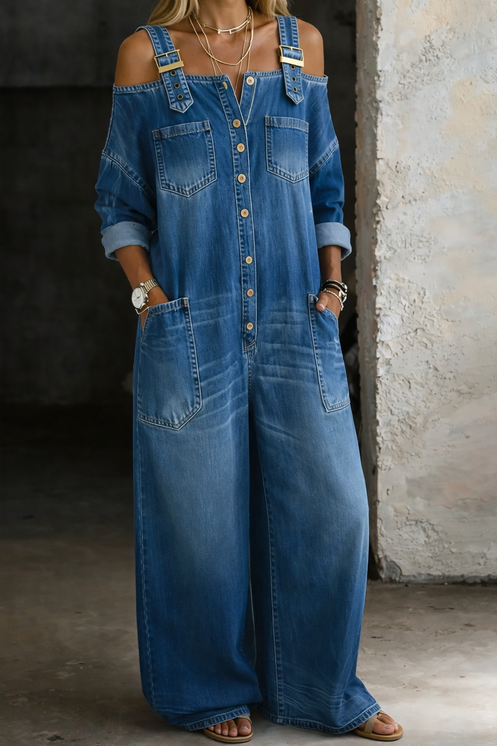 Chantal - Denim salopette met blote schouders