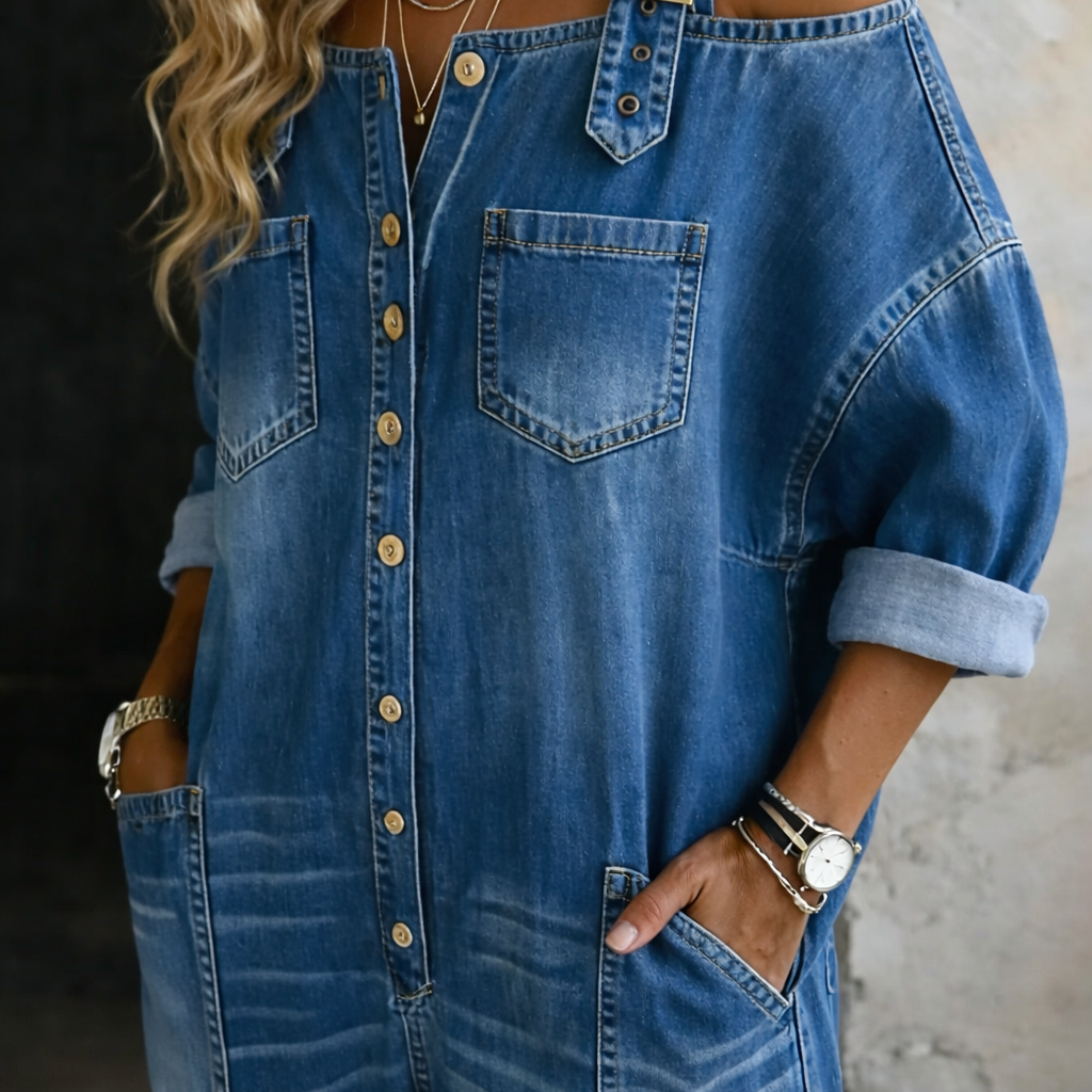 Chantal - Denim salopette met blote schouders