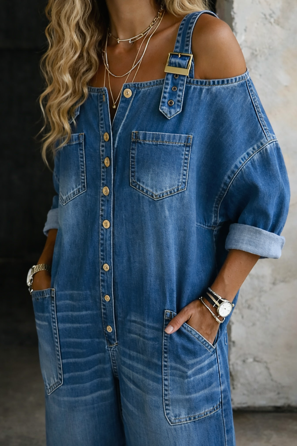 Chantal - Denim salopette met blote schouders