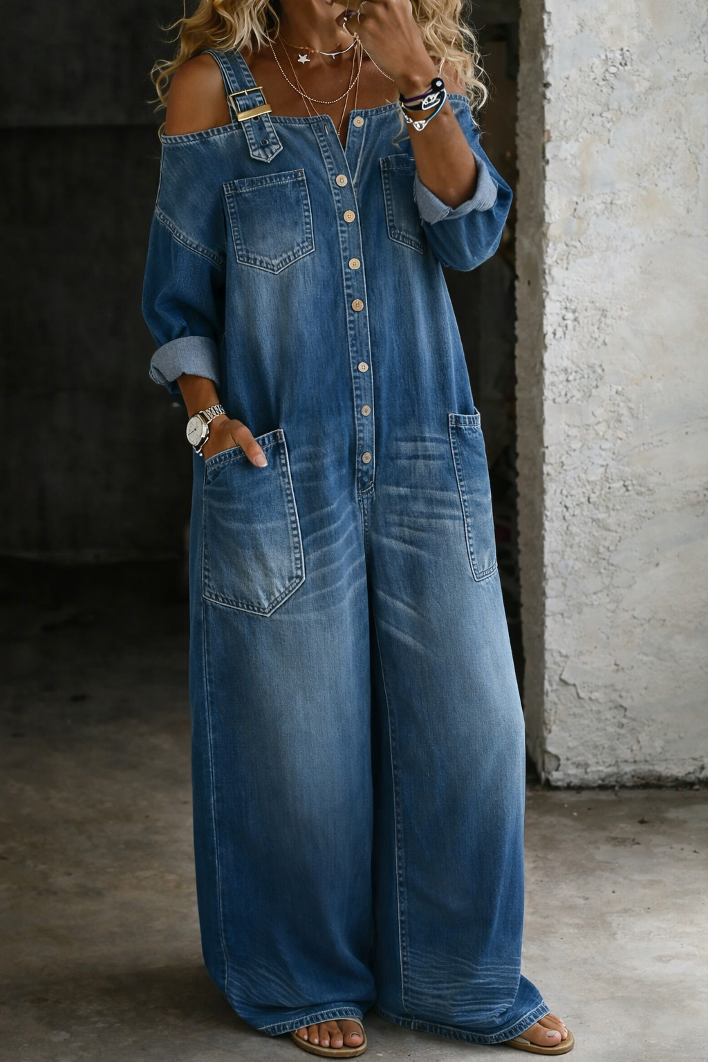 Chantal - Denim salopette met blote schouders