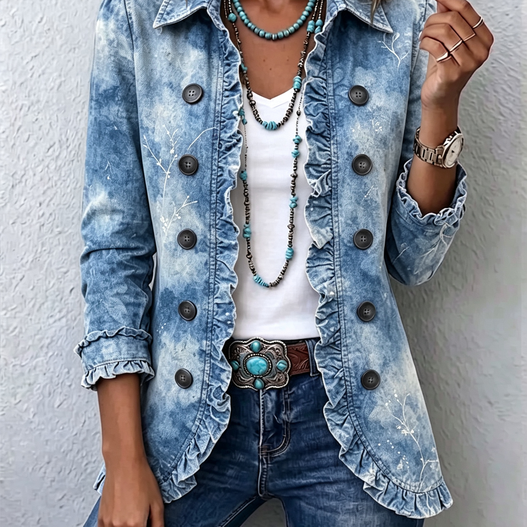 Cilia - Boho jasje met ruches en botanische print in kleurverloop
