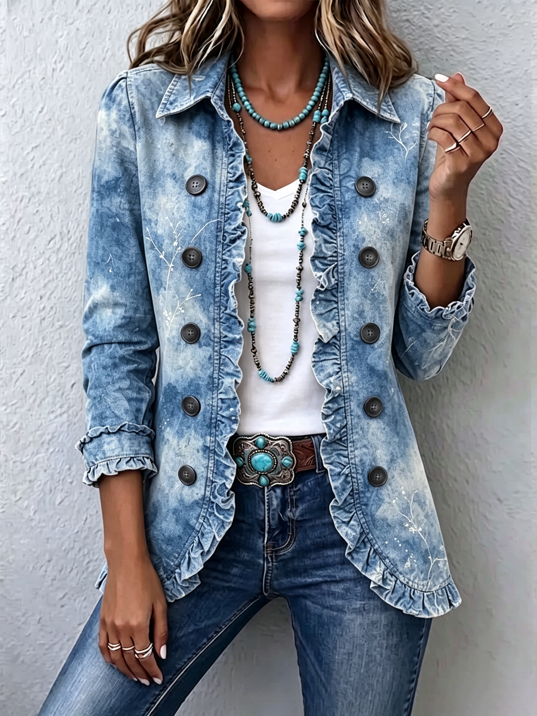 Cilia - Boho jasje met ruches en botanische print in kleurverloop