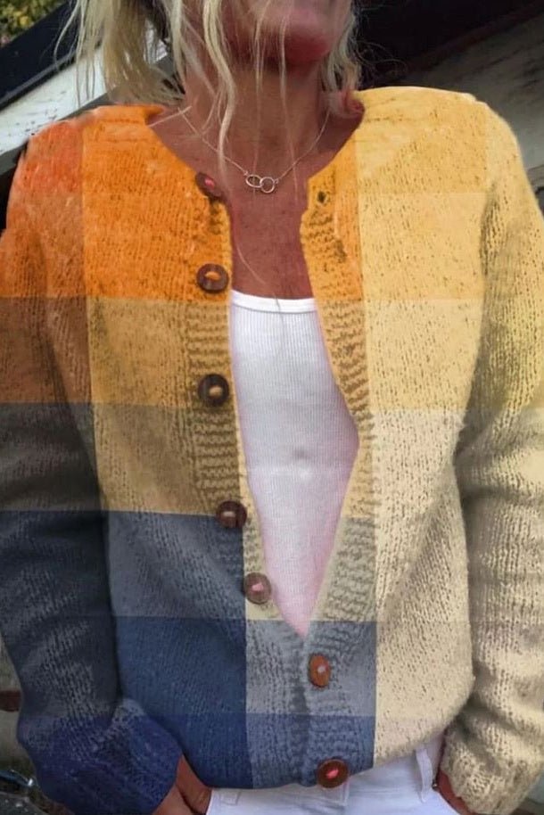 Dagmar - Vest met blokpatroon in oker & blauw