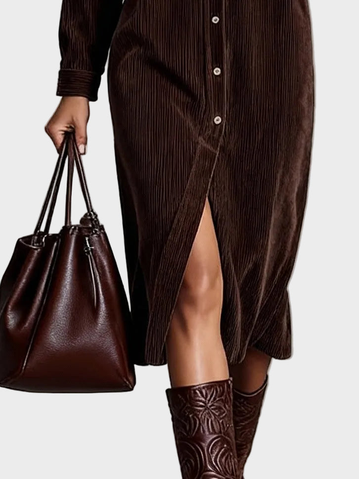 Dieneke – Corduroy Midi Dress with Chest Pockets