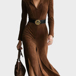 Famke - Midi-jurk in westernstijl van suède met kraag en split