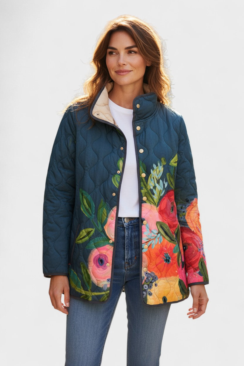 Florie - Donkerblauwe gewatteerde jas met bloemenmotief