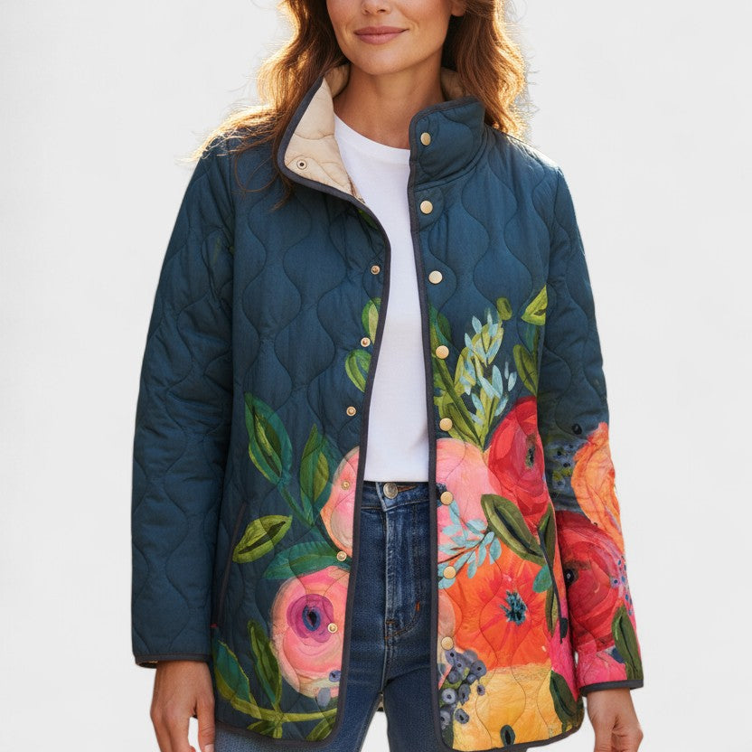 Florie - Donkerblauwe gewatteerde jas met bloemenmotief