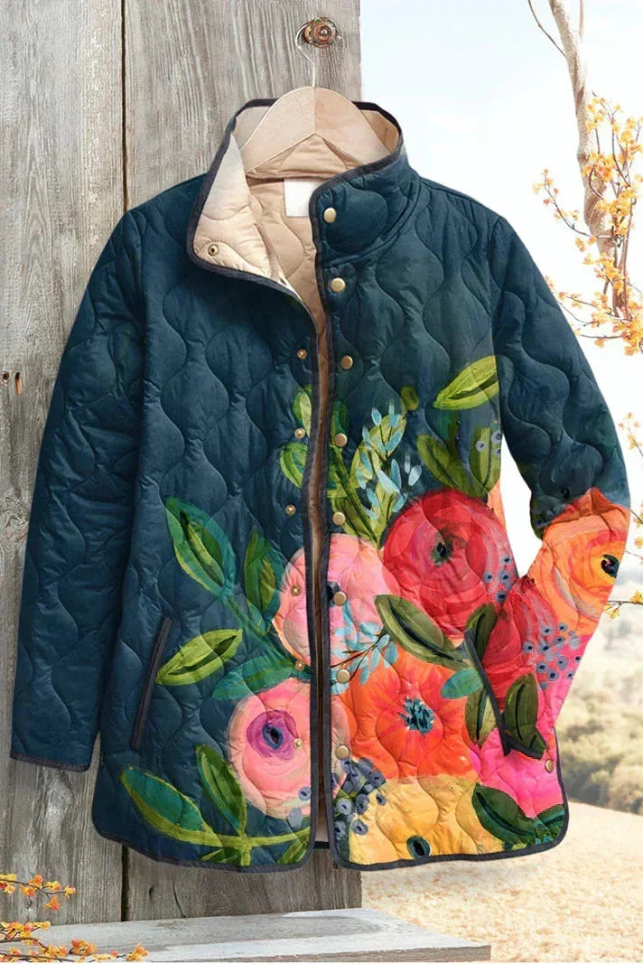Florie - Donkerblauwe gewatteerde jas met bloemenmotief