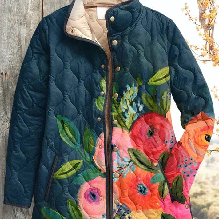 Florie - Donkerblauwe gewatteerde jas met bloemenmotief