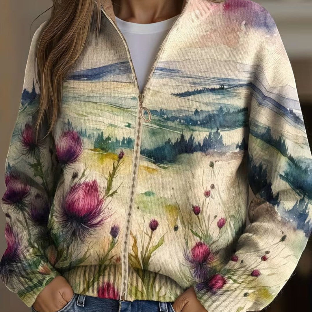Heike - Gebreid vest met distel- en landschapsmotief
