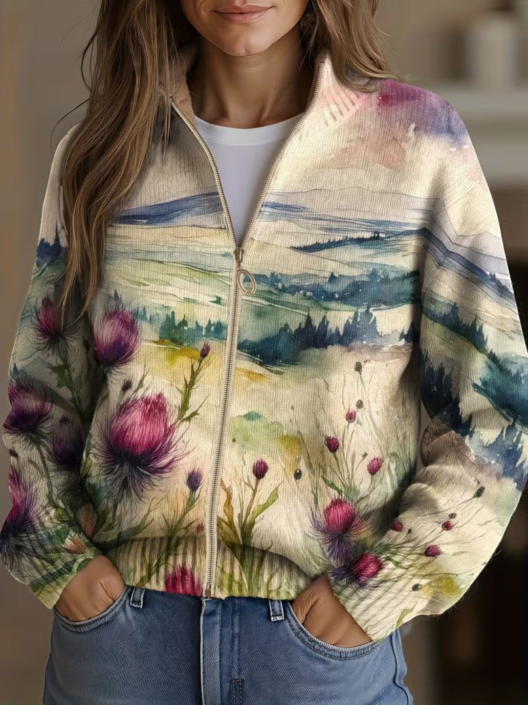 Heike - Gebreid vest met distel- en landschapsmotief