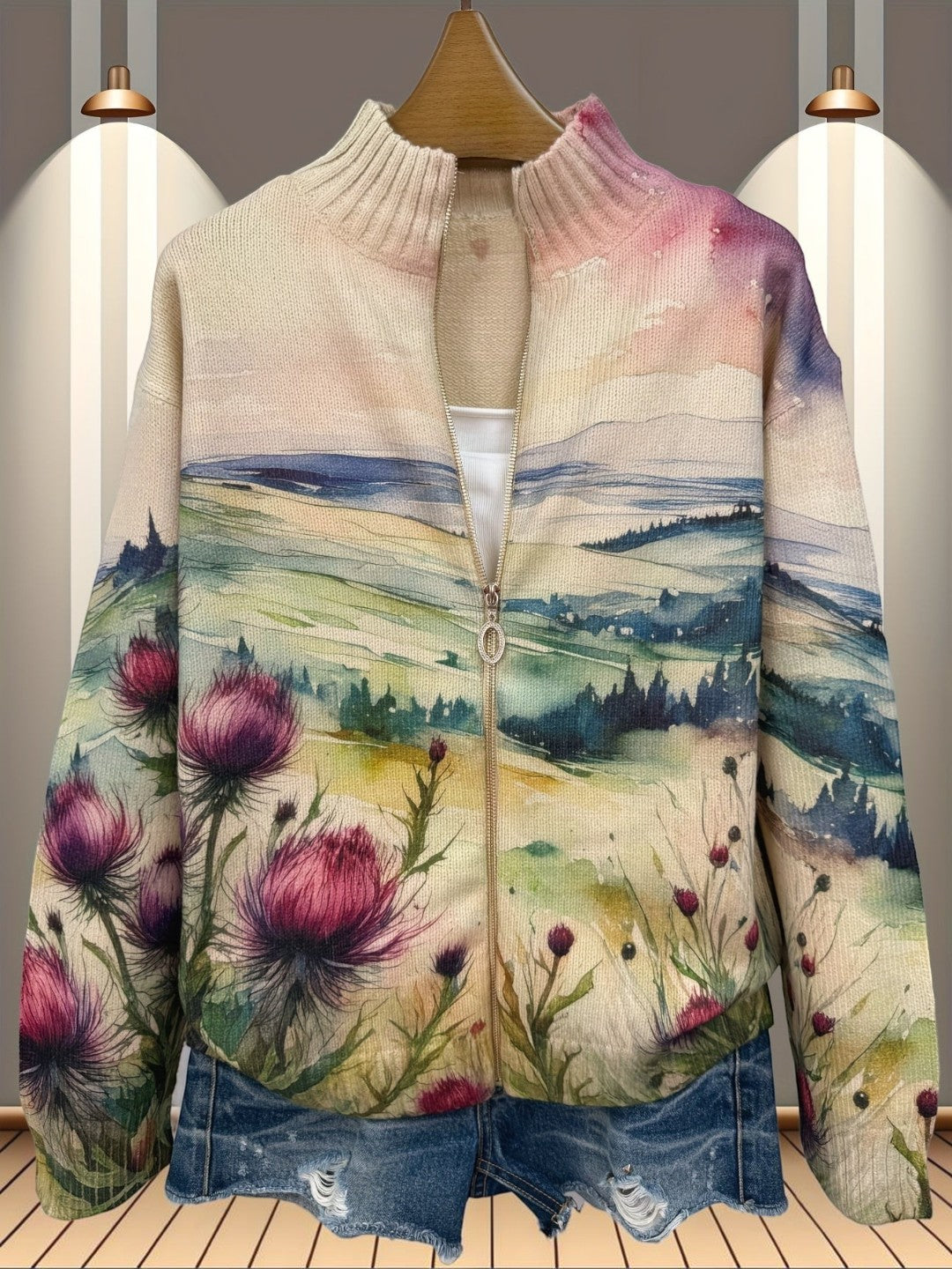 Heike - Gebreid vest met distel- en landschapsmotief